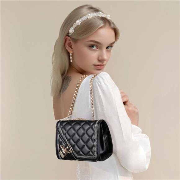 Quilted Crossbody Bag Black Vegan Leather Shoulder Bag Fashion Chain Small Purse - Picture 4 of 9
